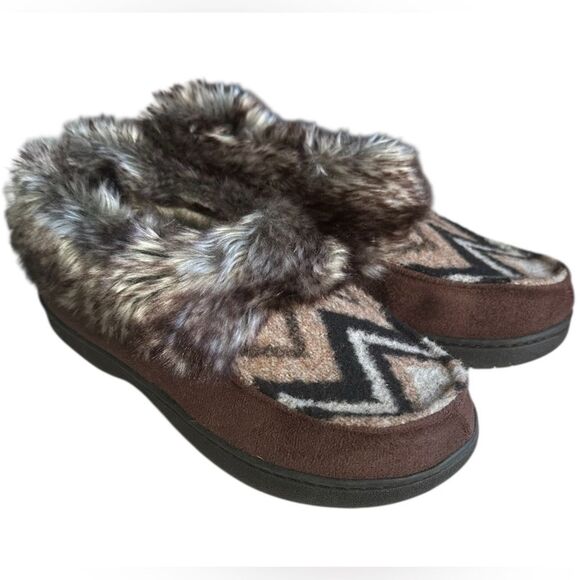 Slipper Shoes Brown Tan Faux Fur Trim Size US Size 8 Indoor/Outdoor Soles. NWOT - Picture 1 of 8